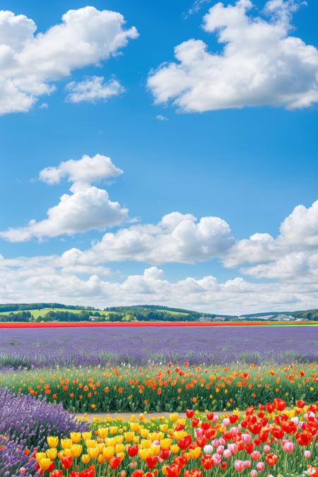 endless flower field filled with colorful blossoms â tulips, daisies, poppies, and lavender swaying in the breeze, clear blue sky above, soft clouds, bright sunlight creating vibrant colors, nature's beauty in full bloom, dreamy and peaceful, ultra-detailed landscape, vivid sharp focus