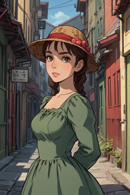 (best quality), (masterpiece), (solo), 1girl, brown hair, braided hair, hat, brown eyes, green dress, 19th century european alley, <lora:sophie_hatter:0.7>