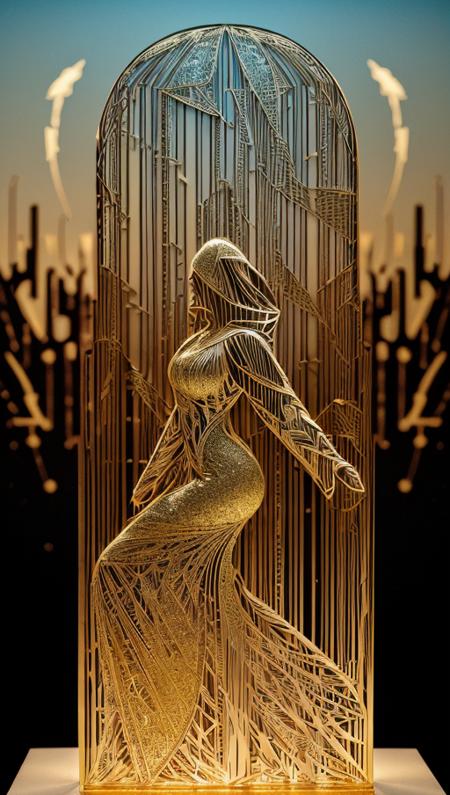 Stacked papercut art of woman,cloaked, yearning to explore. Gradient mastery, ink, gold leaf, and alcohol ink elements. Cinematic realism, luminism, and pollution-choked industrial landscape . 3D, layered, dimensional, depth, precision cut, stacked layers, papercut, high contrast