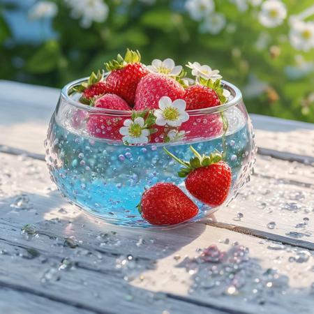 A beautiful pink red strawberry in 3D lies in a beautiful round glass in the transparent clear water, many iridescent air bubbles stick to the strawberry that glows from the inside, next to it lie delicate white and pink strawberry flowers with dew drops on a white antique wooden table, morning dew on the glass, in the background there is a bright blue sky with fluffy white clouds, professional photography, trending on artstation, breathtaking beauty, sharp focus, highly detailed
