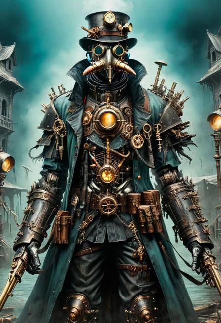 Plague Doctor, steampunk, cyberpunk, ruines and zombies on the background, aqua painting, masterpiece, high details, high quality