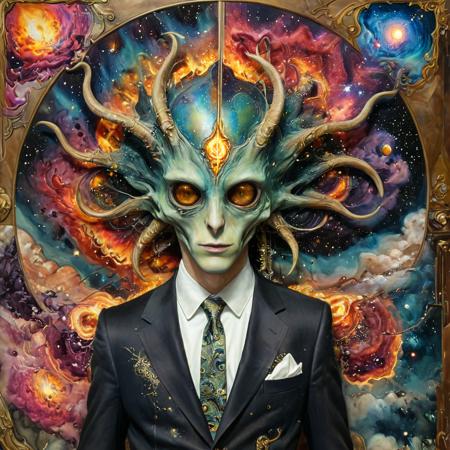 Frank Xavier Leyendecker and Maxfield Parrish painting, of an ancient alien star eyed figure, with cyber antenna horns, in an elegant mythic suit embroidered with elaborate Art Nouveau flourishes, emerging from a colorful iridescent liquid embryonic nebula, organic solarpunk television screen, enchanting creatures, event horizon in the background,  <lora:xl_more_art-full_v1:1> <lora:artfully4QUAD_SDXL_V1:1>