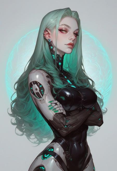 score_9, score_8_up, score_7_up, extremely detailed, sharp focus, HD, 1girl, ((solo)), ((pale skin)), Mature Woman, toned body, (sleek and agile frame), biomechanical cybernetic spine enhancements, ((floating digital platform background, detailed background)), high-tech armored suit in metallic teal and shimmering violet hues, (hovering energy boots with plasma emitters), Big captivating eyes, (neon pink eyeliner, opalescent highlighter, glossy cyan lips), slight smirk, (cybernetic nails featuring glowing inscriptions), composed stance, arms crossed while gazing at the sprawling digital cityscape below, dual nose and brow piercings in sleek titanium, ((Straight Hair, Long Hair, with deep blue and luminescent green streaks)), skindentation visible through layered bodysuit, floating over a digital skyline, glowing data streams forming an ethereal atmosphere, cinematic lighting, latex outfit,elvow gloves,bdsm,body harness, morimee_style