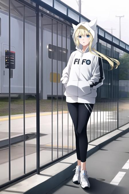 1girl, konjihen, kon, hoodie, leggings, hood, blonde hair, blue eyes, sneakers, fence, railway, train, city