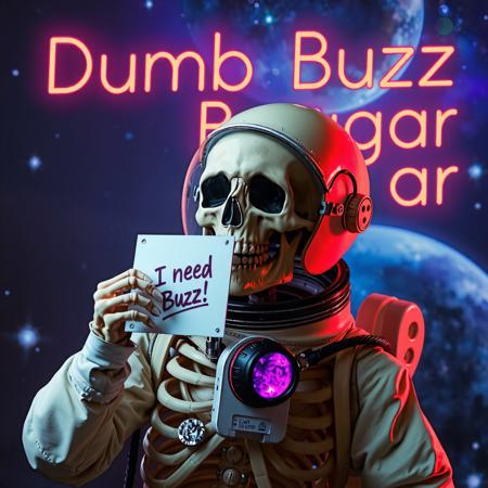 masterpiece, intricate photo realistic photo, realistic outer space skull astronaut in astronaut suite with helmet and transparent visor holding in the skeleton hand a small white sign on which is written "I need Buzz!", background outer space, stars, galaxies, nebulae, in the sky is written in neon letters "Dumb Buzz Beggar", as realistic as possible, hyper realistic, highly detailed, sharp focus, dusk and dawn of technology, dark art, gothic art, cyberpunk style, best quality, high resolution, colorful, vibrant colors, studio lighting, high quality image, no wrong proportions, 8K