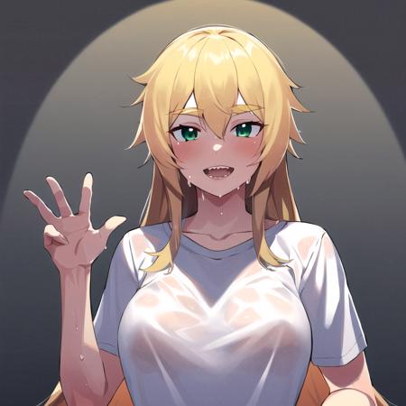 best quality, highres,ultra-detailed, 1girl, solo_focus,  <lora:FredericaV4:0.8>, Frederica, Frederica_baumann, blonde_hair, green_eyes, long_hair, large_breasts, teeth, white t-shirt, wet shirt,