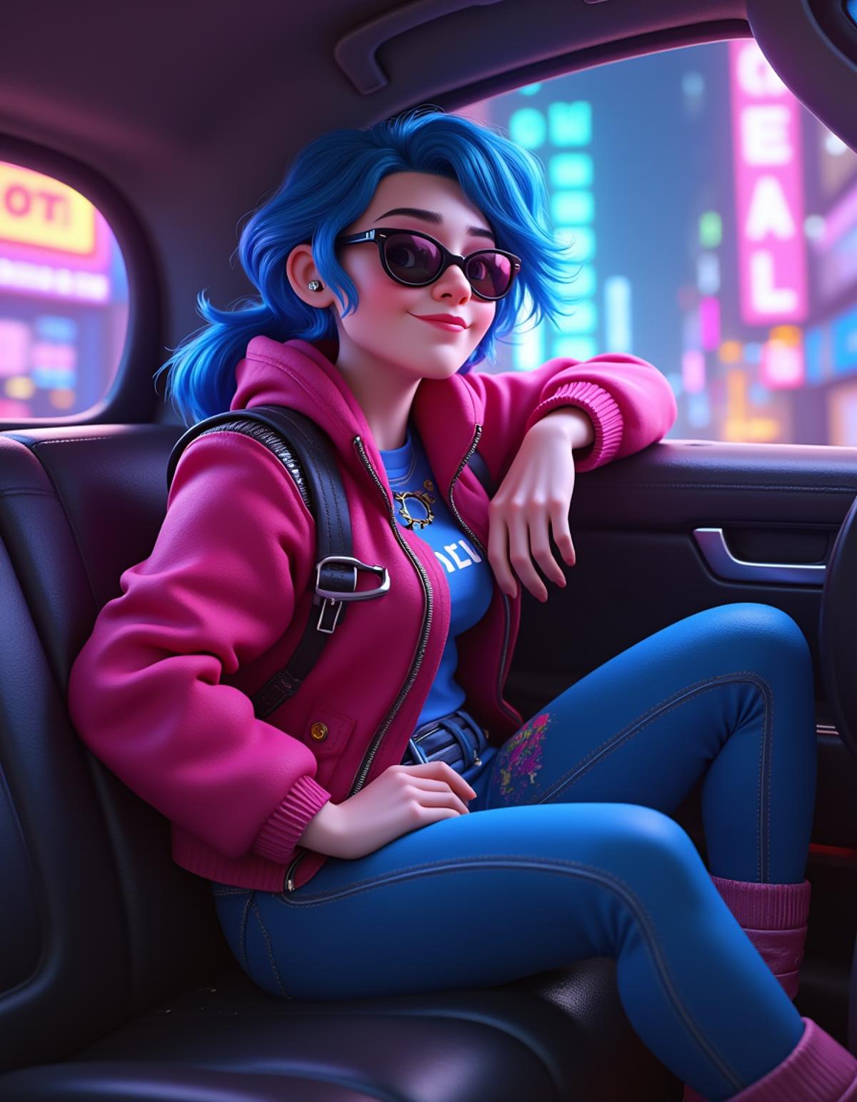 Cartoon girl sitting inside a car, cyberpunk clothes, multicolored clothes, jacket, sunglasses, blue hair, pants, light smile, big title in the top with black text "DisneyStudioLoRa", very happy pose, colored background, High Detail, Perfect Composition, dutch angle, cowboy shot, DisneyStudio, u can se her hips, neon city, cyberpunk vibes, <lora:Disney-Studios-Flux-000008:0.6>