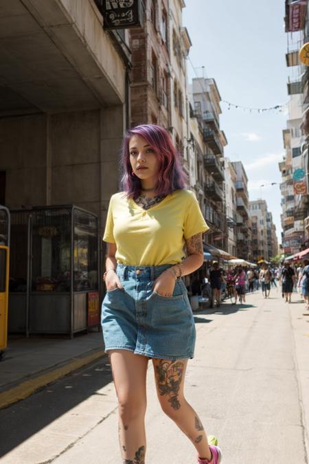 <lora:GloomSD:0.8>, A confident young woman in a modern, casual dress walking through a vibrant city street. Multicolored hair. The bustling scene features street vendors, colorful neon signs, and a mix of historic and modern buildings. Sunlight filters through the buildings, casting a warm glow on her composed demeanor. Cinematic composition with realistic lighting and vibrant colors, capturing the energy of the city and her effortless style