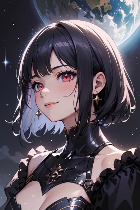 (masterpiece, best quality, absurdres:1.2), 1girl, tall female, mature female,  smile, pretty girl, beatiful face, black hair,  detailed face, glitter, eye glitter, red eyes, glowing eyes, night sky, night, purple theme, portrait, upper body,