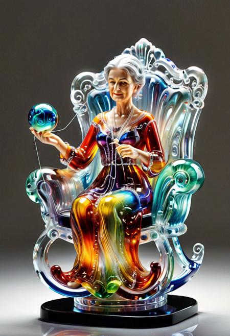 Life in Crystal,  An elderly woan sitting in rocking chair knitting made out of murano_glass_style, pair of knitting needles, ball of yarn, all made of colorful glass, life size, dramatic, vibrant colors, vivid colors, Masterpiece, best quality, amazing quality, volumetric lighting, SFW, exquisite detail, digital art, highly detailed, beautiful, surreal,