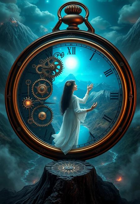 NO SUN IN THE SKY! Envision a surreal, top-down scene with an enormous ancient pocket watch standing upright, its cover open to reveal a magical portal glowing with mystical energy. Inside, intricate gears and finely wrought cogs interlock in a delicate dance, frozen in time. Ornate clock hands, suspended as if by magic, are etched with arcane symbols. Glowing runes pulse softly with inner light, intertwined with living vines. The scene is bathed in a bluish  ethereal glow from its center.
At the heart stands a lone figure—a young woman with porcelain skin and raven-black hair. Clad in a flowing white robe shimmering in the portal's light, she reaches out as if to touch the otherworldly aether. Her sapphire-like eyes reflect the portal's iridescent hues as she gazes into a breathtaking landscape: towering mountains, a cascading volcano, and a steaming river winding through charred forests.
The pocket watch rests on an obsidian floor, its polished surface mirroring glowing runes and distant portal light. Above, a crescent moon casts a silvery glow, while stars twinkle like distant jewels. Deep reds and blues contrast with the portal's warm light, enhanced by reflective volumetric lighting. The mood is dark, filled with adventure and wonder, drawing viewers into the hidden, magical world within the clock’s ancient mechanisms, guided by the woman's presence.