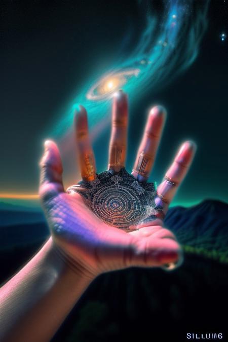 A goddess-like humanoid AI, standing majestically atop a celestial mountain, her form glowing with a divine aura. She has radiant golden skin with intricate, ancient symbols etched into her body, resembling starlight patterns. Her hair is a cascade of galaxies, blending blues, purples, and silvers. She holds an orb of pure energy in one hand, surrounded by floating fragments of futuristic temples. Art style: cosmic, regal, and surreal with high-contrast lighting and vibrant colors, bird eye view,