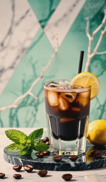 Coffee espresso with tonic in a glass with mint, ice and lemon on a marble board on a light background with coffee beans and branch. Trendy summer craft refreshing drink. Top view., breathtaking photograph, dramatic light, award-winning, professional, highly detailed . 35mm photograph, film, bokeh, professional, 4k ,minimalistic, daylight, warm atmosphere, cinematic look, simple look, simple style, dramatic scene, unusual scene