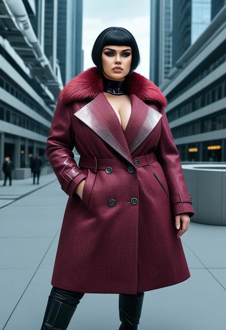 den1s3 as a futuristic young curvy executive, high-fashion futuristic luxurious designer trenchcoat, exaggerated dark furry collar lapels, shimmering maroon houndstooth fabric, closed up, boots, standing outdoors in a futuristic cyberpunk urban corporate plaza
(high resolution:0.9)