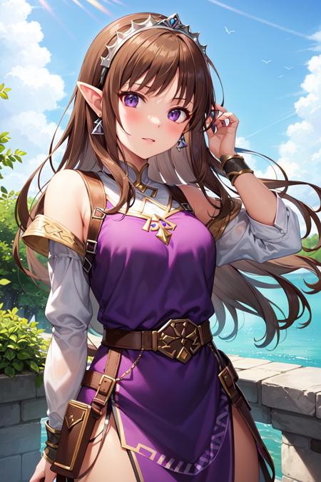 masterpiece, best_quality, 1girl, solo, princess zelda, nintendo, the legend of zelda, (twpr:1.4), (brown hair:1.4), dress, tabard, (purple tabard:1.4), tiara