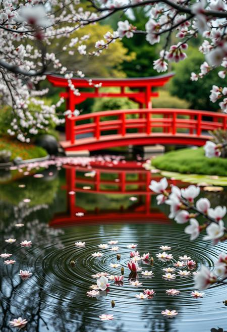 Pond in a Japanese garden, plum blossoms, floating plum blossoms, water ripple effect, Red wooden bridge, 
beautiful view, depth of field, masterpiece, best quality, 8k, ultra-detailed, very aesthetic, superb composition, finest details, intricate details, absurdres, high contrast, ray tracing, Volumetric lighting