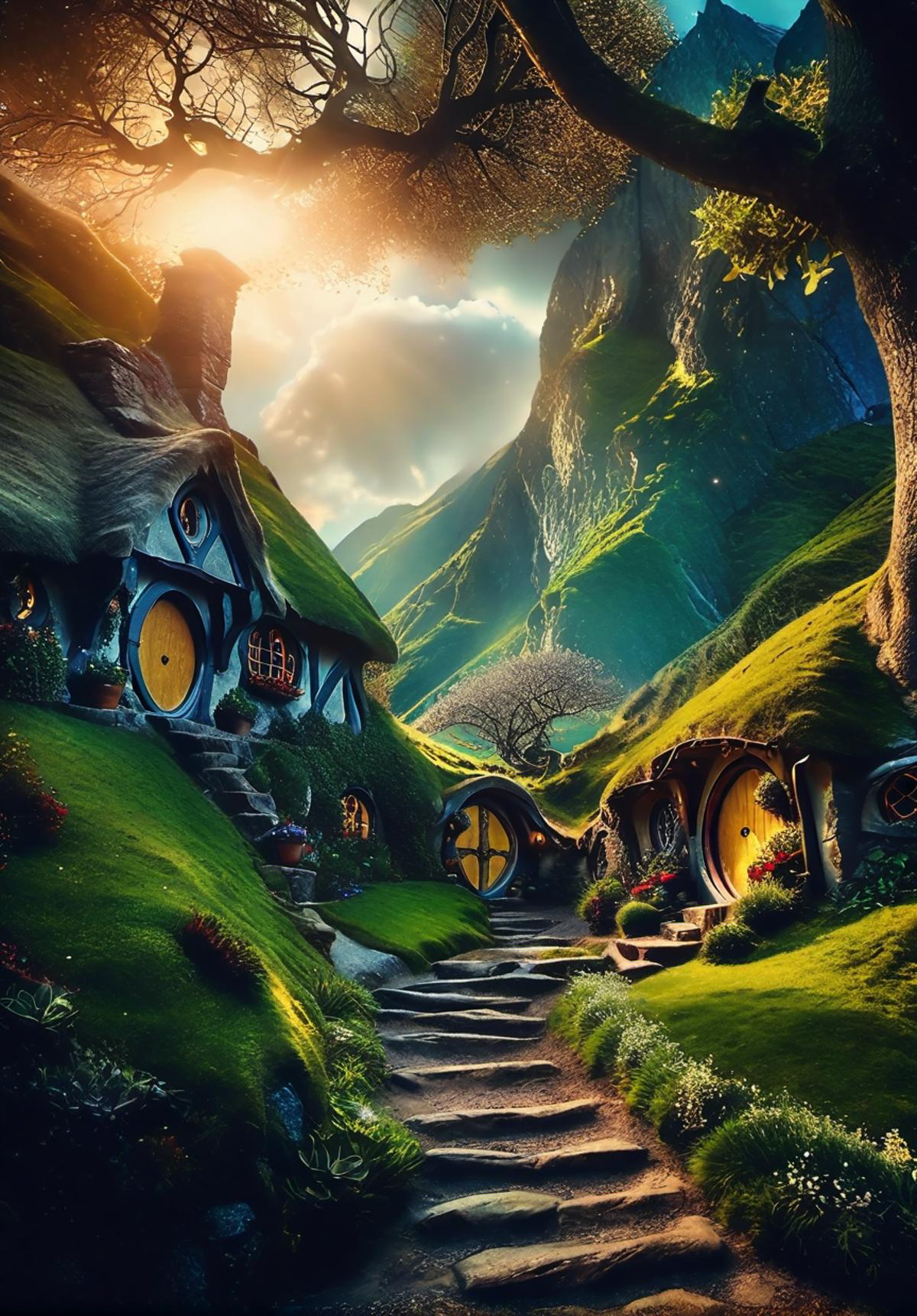 The Shire from The Hobbit: A picturesque landscape with a mountain in the background and hobbit holes.