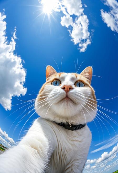 close-up cat taking a selfie, fisheye effect style, happy mood, strong facial expression, blue sky background with cirrus clouds,