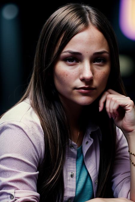 photo of seductive (br1ana3v1gan-135:0.99), a beautiful woman, perfect hair, (modern photo), (Pastel Purple button up shirt), closeup portrait, 85mm, (analog, cinematic, film grain:1.3), ((geometric halftone background)), detailed eyes, seductive pose, (epicPhoto), (looking at viewer:1.1), jewelry, (cinematic shot:1.3)