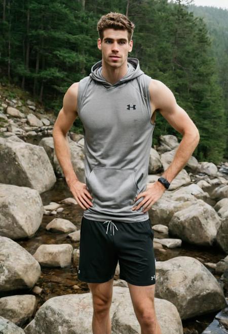 photo of Wes Bentley a man <lora:george-Wes-Bentley:0.9>, wearing a sleeveless well-fitted under armour hoodie and compression shorts, standing on a boulder, outdoor trail, 35mm photograph, film, bokeh, professional, 4k, highly detailed, creek in the background, natural lighting, golden hour
