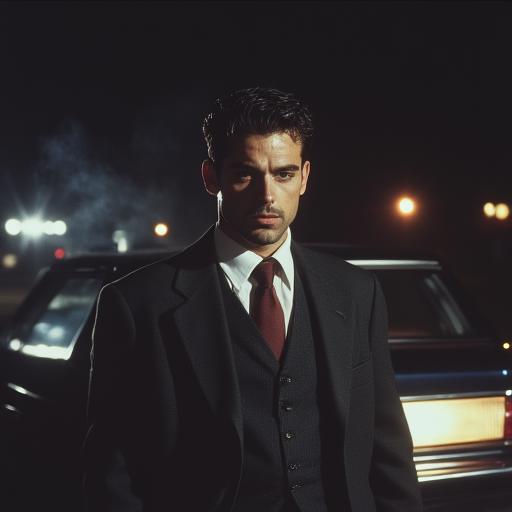 ArsMovieStill, movie still from a 1990s indie movie, The image shows a man in a suit smoking a cigarette in front of a car illuminated by the lights in the background., 1boy, motor vehicle, cigarette, male focus, solo, ground vehicle, car, smoking, facial hair, formal