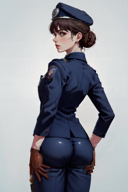 (masterpiece, best quality), (realistic, proportional, good proportions), (detailed face, detailed hair, detailed eyes, detailed skin),
<lora:epi_noiseoffset2:1> <lora:more_details:0.3> <lora:GoodHands-vanilla:1> <lora:ass_support_v0.1:1> ass support, ass, 1girl, solo, from behind, hands, looking back, looking at viewer, thighs, ass focus <lora:ZofiaDuchBojowy:0.8> 1girl, solo, short hair, hair bun, black hair, brown eyes:1.2, lips, necktie, blue jacket:1.2, blue necktie, white shirt, hat, beret, long sleeves, (gloves, black gloves:1.2), aiguillette, badge, military uniform, police uniform, blue jacket,