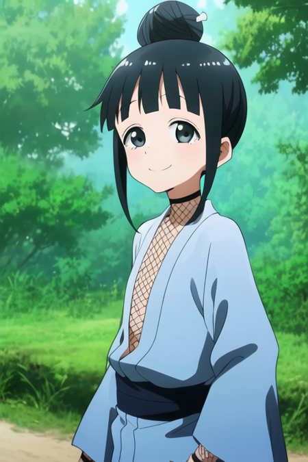 masterpiece, best quality, kunoichimokuren, hair bun,  1girl, solo, black eyes, fishnets, aqua kimono, upper body,  looking at viewer, long sleeves, sunlight, outdoors, light smile, tree,