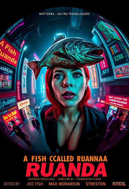 **“A captivating and surreal movie poster for A Fish Called Ruanda, a futuristic B-movie thriller with a girly, campy twist. The scene is viewed through the exaggerated distortion of a fish-eye 12mm cinema prime lens, pulling the viewer into the chaotic, neon-soaked dystopian cityscape. Front and center is the main actress, Katarina Pesceallegro, a striking redhead with a mix of glamour and danger in her expression. Floating ominously nearby is a grotesque, decaying fish, symbolizing the ‘very rotten climax.’
The poster includes bold, retro-futuristic typography for the title A Fish Called Ruanda, with the subtitle in Polish beneath it. The credits at the bottom feature:
	•	Directed by: Max Morrison
	•	Director of Photography: Diego Dalla Luce
	•	Edited by: JOE “FINAL CUT” Switcho
	•	Main Actress: Katarina Pesceallegro
	•	Co-Starring: JOE FISH
	•	With the Cameo of: STEWEN SEAGULL
The design blends neon tones, gritty textures, and campy B-movie flair, making it a trendsetting cinematic experience that teases its quirky, action-packed storyline.”**