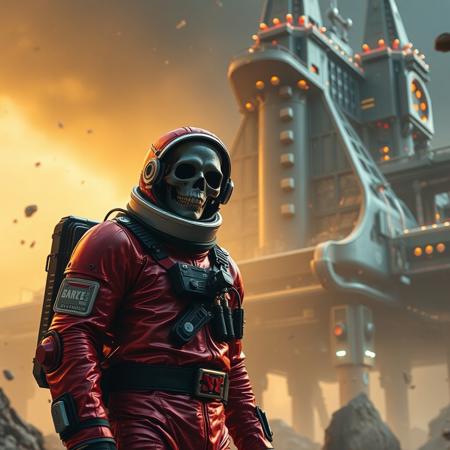 A cinematic shot of an undead lich astronaut in a vibrant metallic red spacesuit standing in the foreground, with a massive, ziggurat spacestation as the backdrop. The spacestation is adorned with numerous lights, windows, and technical details. The astronaut's suit is equipped with various gadgets and patches. The atmosphere is filled with floating debris and a hazy golden glow