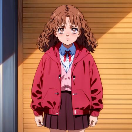 Flair,1little girl,brown hair,medium hair,curly hair,brown eyes, retro artstyle,1980s (style), redjacket,hooded,collared_shirt,red ribbon,ae pink sweater, pleated_skirt, flame_effect, angry,