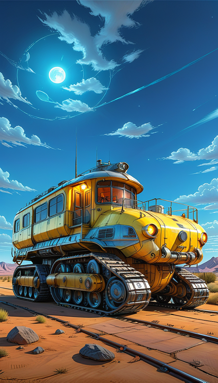 (cel-shading:2)+, (in ARTIST style:1.6), (masterpiece:1.7),  night, glow neon,
hyperrealism, glossy, shinny, clear image, accurate picture, clear picture, precise image, focused image, Science fiction style, Science fiction,
(ground vehicle, motor vehicle, sky, no humans, cloud, outdoors, vehicle focus, train, truck, scenery, day, military, Tracked Vehicle, Traction City, yellow paint, house)
night, glow neon,
(masterpiece:1.8), (highest detailed:1.8), perfectly lighted, (contrast), (saturated), (((sharp focus))),
(hyperdetailed:1.3), (intricate details:1.2), (Refined details:1.3), (best quality:1.5), highly detailed textures, vibrant colors,
(ultra sharp focus:1.8), (detailed texture:1.8), (detailed edges:1.8), (thin lines:1.8), (best quality:1.8),
<lora:Apparatus_-_Traction_City_Walkers_Vehicles:0.8>,