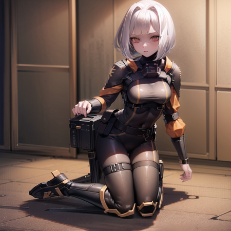 Myo a girl dressed in black and orange outfit with short hair, 1girl, solo, short hair, white hair, full body