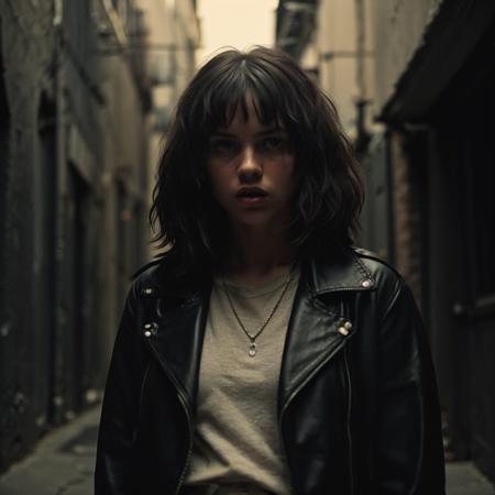 1girl, portrait, wolfcut, bangs, long layered hair, multicolored hair, from front, close up,
(Wrapped in a sleek leather jacket, accentuated by silver studs and chains, emanating a fierce and edgy aura), (A dimly lit alleyway, with shadows lurking in the corners, exuding an atmosphere of calculated intensity: 1.3), (seductive:1.3),(analog, cinematic, film grain, hazy atmosphere, cinematic shot:1.3),
 <lora:concept_hairstyle_wolfCut_sd15_v1-wolfCut:0.7>