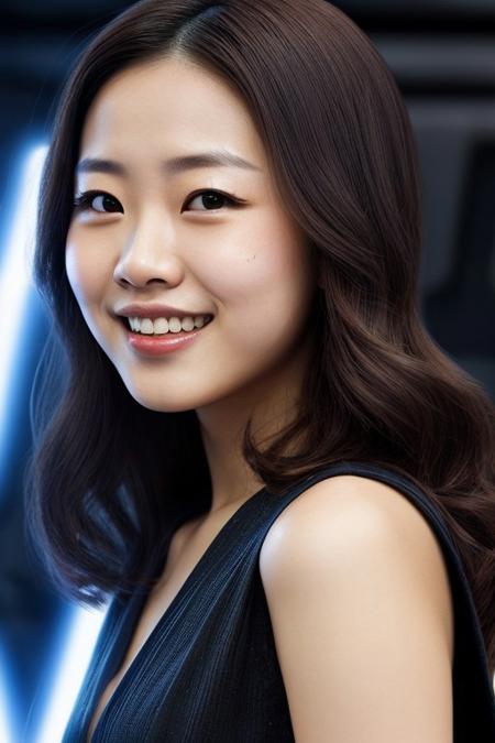 Realistic smiling sexy girl from Japan as an actress on "Star Wars"