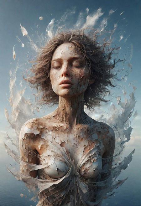 ais-olde,Beautiful woman emerging from a cracked ethereal eggshell floating in the sky, divine and translucent appearance, surrealistic and dreamy, soft glowing light, celestial backdrop, delicate and intricate details, high resolution, digital painting, serene and majestic atmosphere.