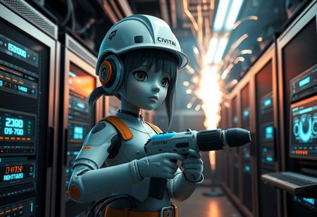 just one cute android girl with construction helmet, holding a futuristic drill, in a server room, multilple servers and monitors, it says "CIVITAI" on the helmets, impressive electric arcs and sparks in the background, lucid dream-like 3d model, photorealism, cinematic realism, unreal engine