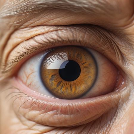 Create a hyper-realistic close-up of an elderly person's eye, capturing the intricate details of the iris, which is a deep shade of brown with flecks of gold. The fine lines and wrinkles around the eye should be vivid, telling a story of age and wisdom. The reflection in the eye could hint at a lifetime of experiences.