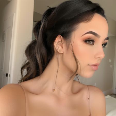 Side profile of a ((stunning)) woman , high quality, minimal eye makeup, gorgeous, <lora:vamerrell1-10_v2:1.0>, (small nose:1.0), ethereal, angular face