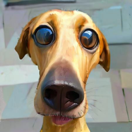 a fisheye cartoon of dog head, strongly elongated muzzle, expressive eyes, caricature, albeniz rodriguez style <lora:albeniz-rodriguez-style:1>