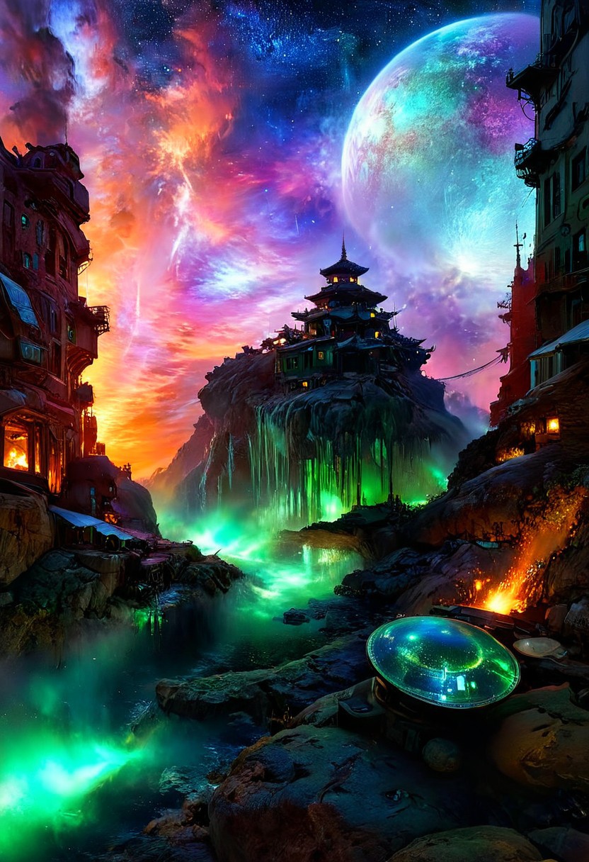 <lora:10NaturalismPainting_Hap_XL:1.5>,  Thomas Moran style, oil painting, nature, Android in the style of neo-cyberpunk, huge planet on background, stars in the night sky and something falling from the sky onto the center of the city,  ultra realistic, perfect composition, exquisite craftsmanship, intricate details, expressive, very attractive, exquisite, fabulous, award winning, perfect, unique, dreamy, very stylish, amazing, luscious, charming, heavenly, appealing, divine, breathtaking ,