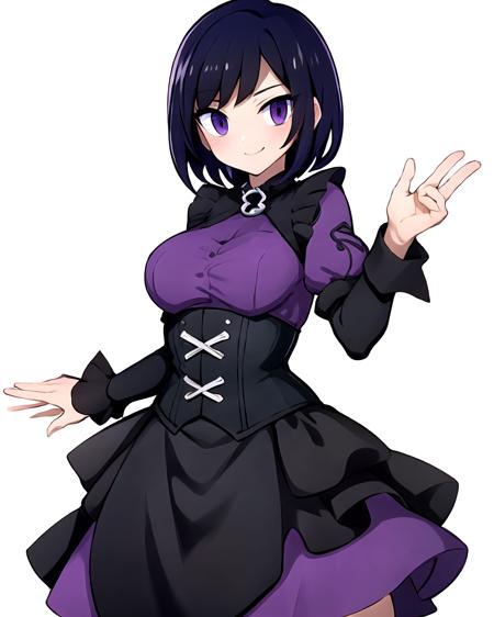 Black hair,  short hair,  goth,  purple dress,  purple eyes,  purple dress,  black corset,  smile,  tired,  (white background:1.3),  cowboy shot,  solo,  1girl, <lora:EMS-43683-EMS:0.700000>