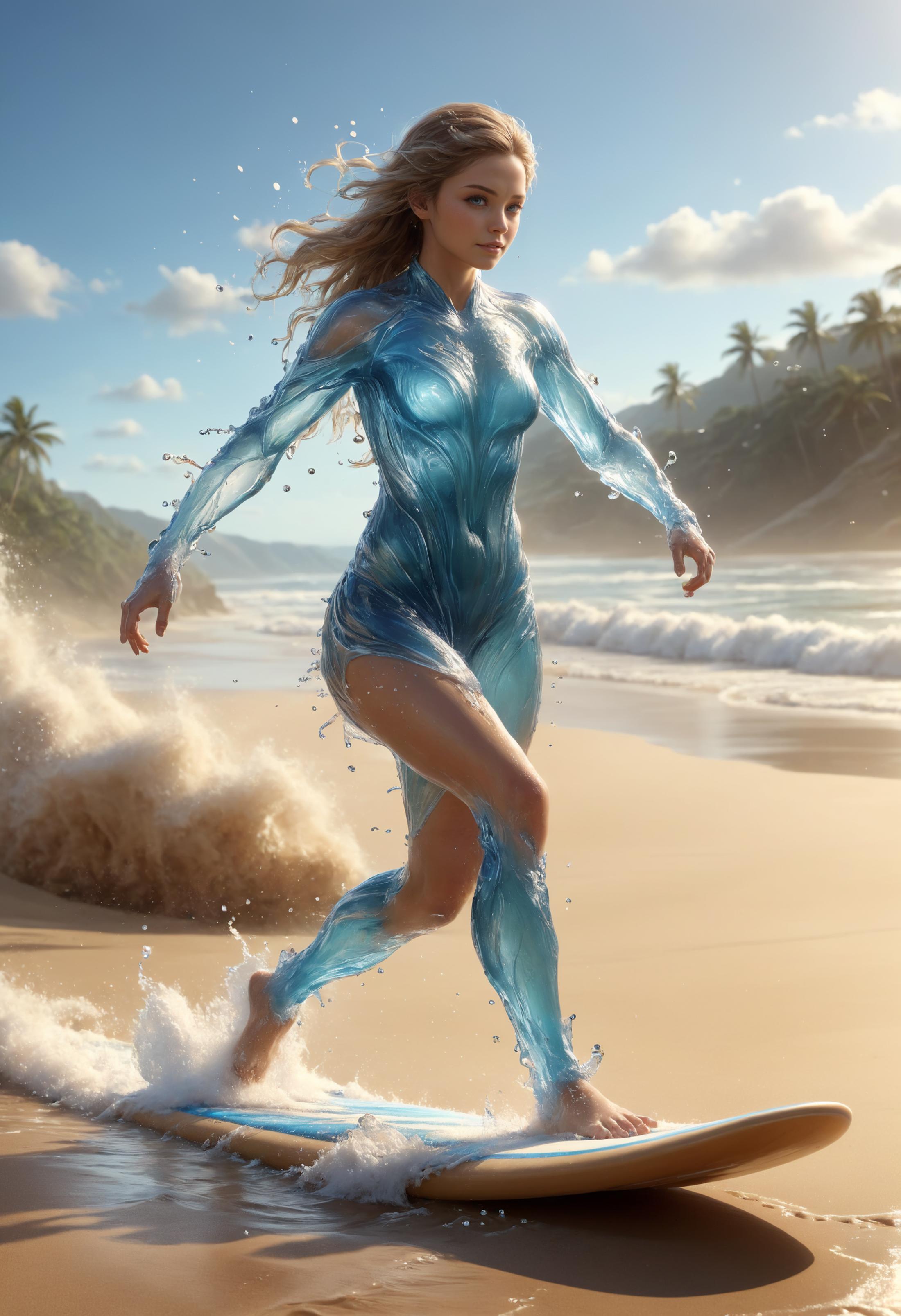 Artistic Rendering of a Female Mermaid Walking on a Sandy Beach with Water Splashing Around Her