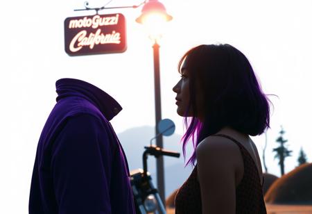 A mysterious exchange under a flickering streetlamp between a lone purple figure with a sign "moto Guzzi California"  in the background, mountains, water, and trees in ink on a white background. Extreme close-up shot capturing colored inner hair and sophisticated natural eyebrow Portrain dark brown. Inspiration from Mackenzie Ziegler for the fashion woman, backlighting effect, Kodak Portra 160 color scheme, unique driftwood sculpture, and Swimwear Sarong in a lightweight cotton with a colorful geometric print.