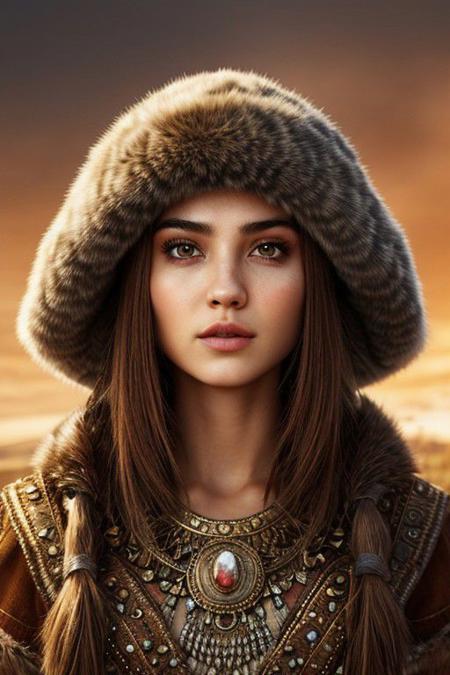 Turkish  steppe Warrior   girl  wear turkish fur caps , beatiful  face ,  ,symmetrical eyes, upperbody , 
ultra realistic 8k cg, picture-perfect face, perfect breast ,flawless, clean, masterpiece, professional artwork, famous artwork, cinematic lighting, cinematic ,  random hairstyle generate ,  generate random nationalty