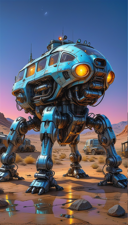 (cel-shading:2)+, (in ARTIST style:1.6), (masterpiece:1.7),  glow blue neon, hyperrealism, glossy, shinny, clear image, accurate picture, clear picture, precise image, focused image, Science fiction style, Science fiction, (cozy comfy, no humans, science fiction, vehicle focus, robot, neon night wasteland background, mecha, multi legged vehicle,transparent silver mirror paint, mecha) comic style, (ultra sharp focus:2), (thin lines:2), (best quality:1.8),
(masterpiece:1.8), (highest detailed:1.8), perfectly lighted, (contrast), (saturated), (((sharp focus))),
(hyperdetailed:1.3), (intricate details:1.2), (Refined details:1.3), (best quality:1.5), highly detailed textures,
(ultra sharp focus:1.8), (detailed texture:1.8), (detailed edges:1.8), (thin lines:1.8), (best quality:1.8),
<lora:Apparatus_-_Traction_City_Walkers_Vehicles:0.8>,