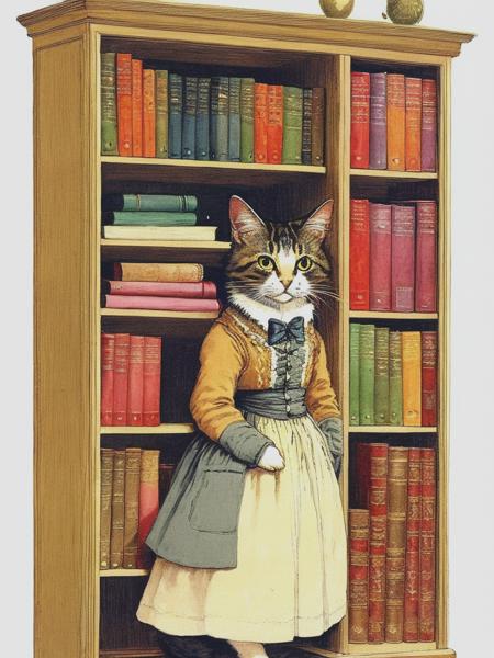 <lyco:RandolphCaldecott:1.0> illustration cat wear dress near the bookshelf, full body, Beatrix Potter style, vintage style, old color, illustrations that were commonly seen in the 19th or early 20th century, low detail, vivid color