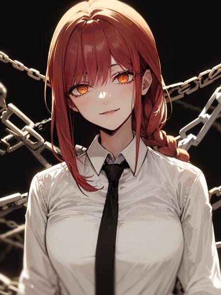 makima \(chainsaw man\), best quality, ultra detailed, 1girl, solo, standing, red hair, long braided hair, golden eyes, bangs, medium breasts, white shirt, necktie, stare, smile, (evil:1.2), looking at viewer, (interview:1.3), (dark background, chains:1.3)