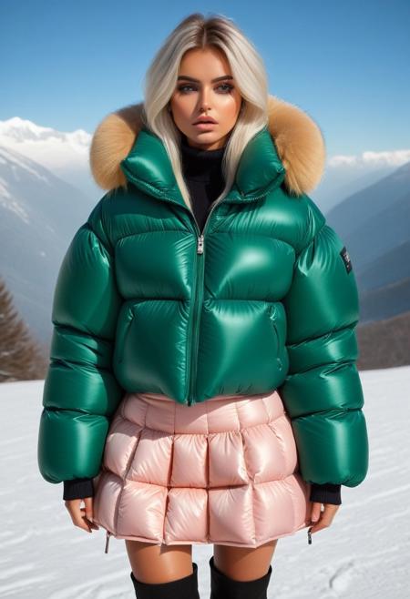((((sherpa puffer padded jacket)))), ((((sharpa puffer padded coat)))), ((((puffer skirt)))), ((((cowboy shot)))), ((((from back)))), standing, winter, snow, mountains, 1girl, solo, (masterpiece), (detailed face, detailed eyes), (beautiful detailed eyes:1.5), sidelighting, (super detail, hyper detail, intricate_details, detailed), looking at viewer, (semi realistic:1.6), very detailed face, (Blonde hair), (white hair), absurdly long hair, hair between eyes, (straight hair), (green eyes), put your hair behind your ears, eyelashs, eyeliner, (eye shadow:0.5), wet hair, sweat, white skin, Angry face, (blush), padded cuffs, padded collar, Thick padded cuffs, Thick padded collar, <lora:Collar-SDXL:0.6>, <lora:Cuffs-SDXL:0.6>, <lora:Puffer_Jacket_and_Down_Jacket_-_Extra_Puffy_Jackets:0.6>,  <lora:puffer_skirt_v1:0.6>