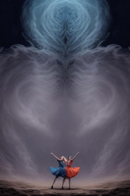 surreal, waltz of fractal smoke over the abyss, fantasy smoke, dresses and stars, dynamics, movement, wind, colorful, intricate details, perspective, hyper-detailed, hyper-realism, professional photoshoot