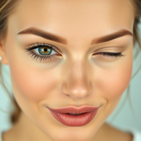 beautiful woman, lighthearted,  close and open the eyelid of one eye, Purse lips to mimic a blowing motion, close up on lips and eyes,